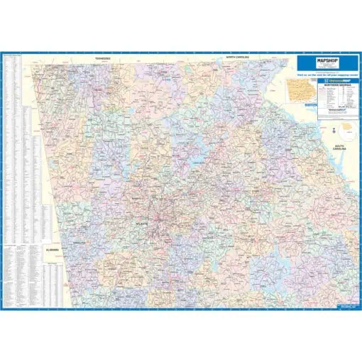 Detailed map of Georgia with highways, roads, and geographic features, provided by The Map Shop for navigation and travel planning.