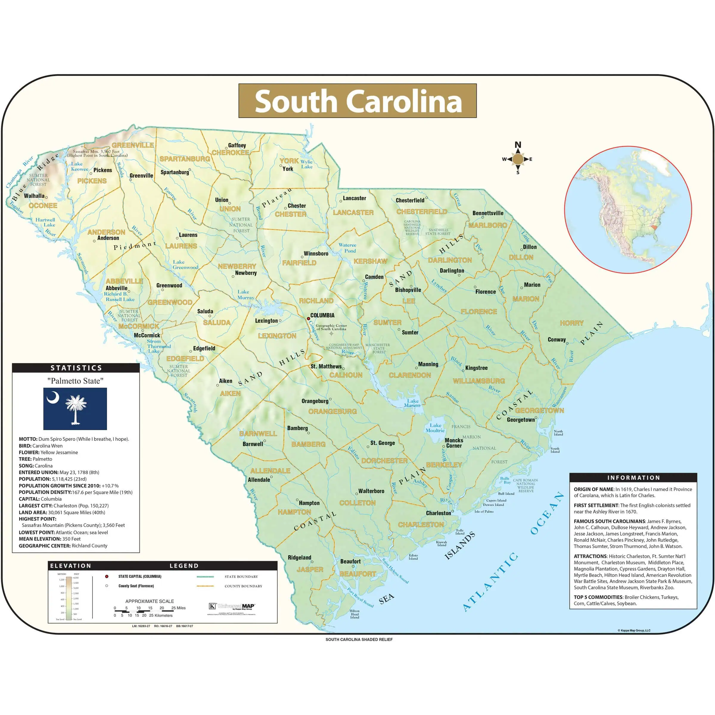 South Carolina state map with detailed county borders, cities, topography, and geographical features for travel, navigation, and educational purposes.