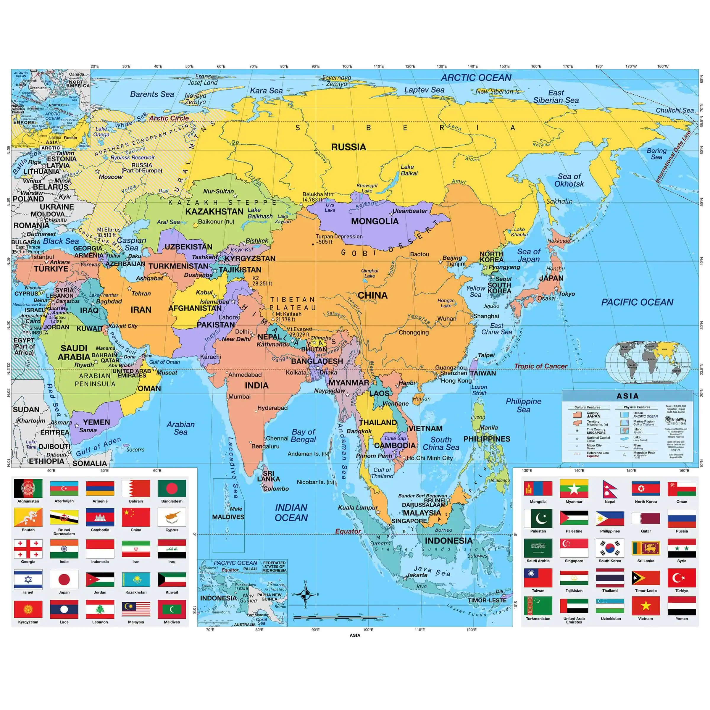Detailed world map highlighting countries, capitals, and geographic features for travel, education, and navigation purposes from The Map Shop.