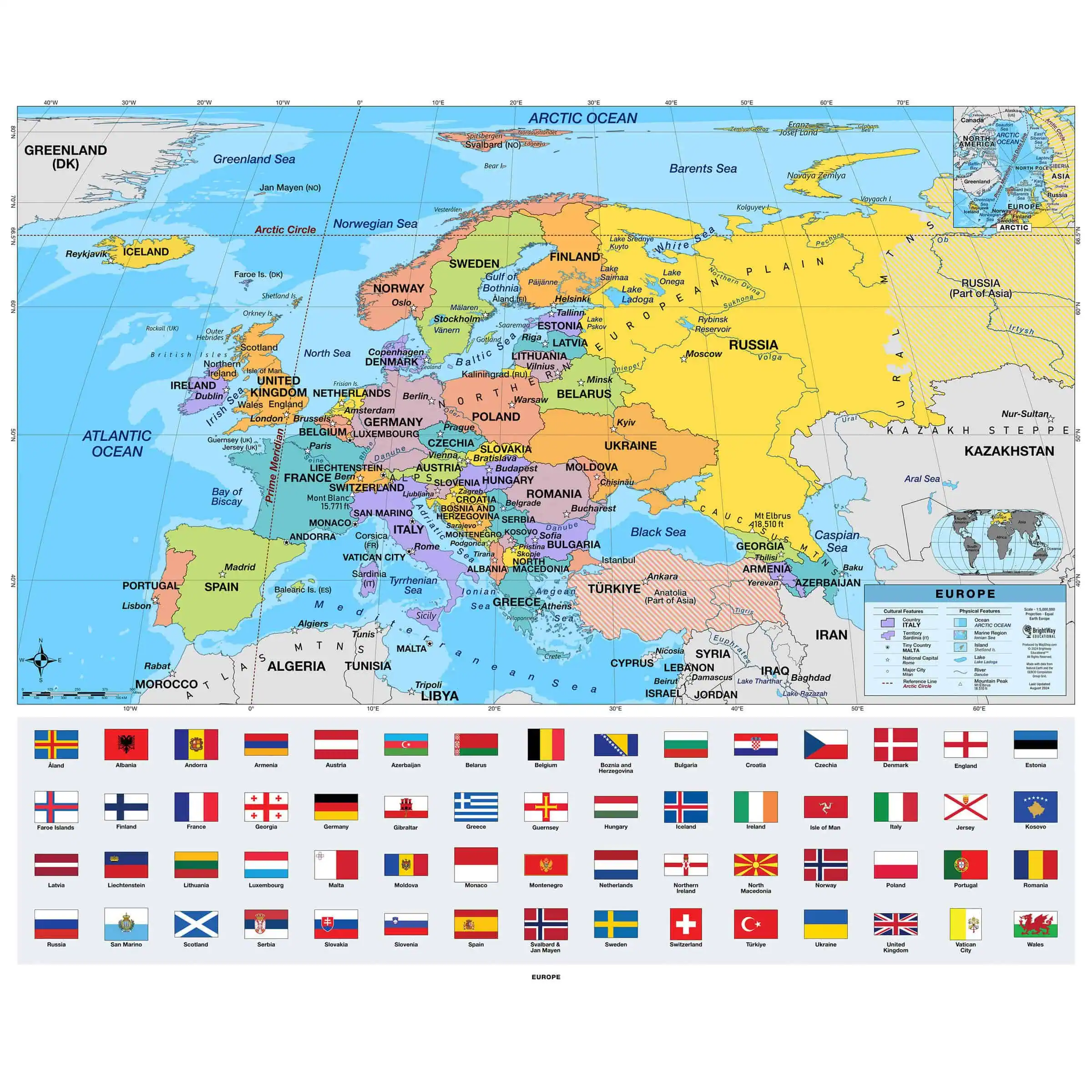Detailed political map of Europe with country names, capital cities, and regional boundaries, suitable for travel planning, educational purposes, and geographic referencing.