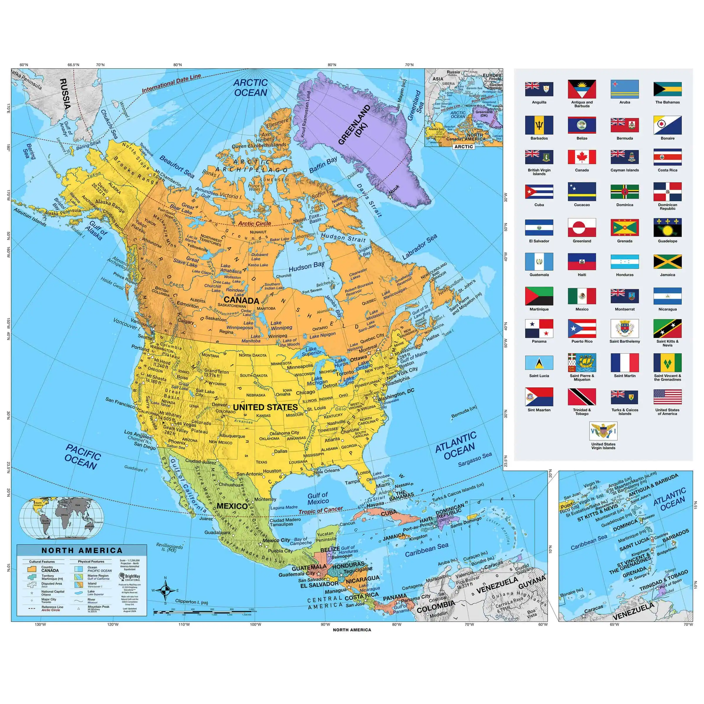 Detailed map of North America highlighting countries, cities, and geographic features, showcasing the best maps and navigation aids available from The Map Shop.