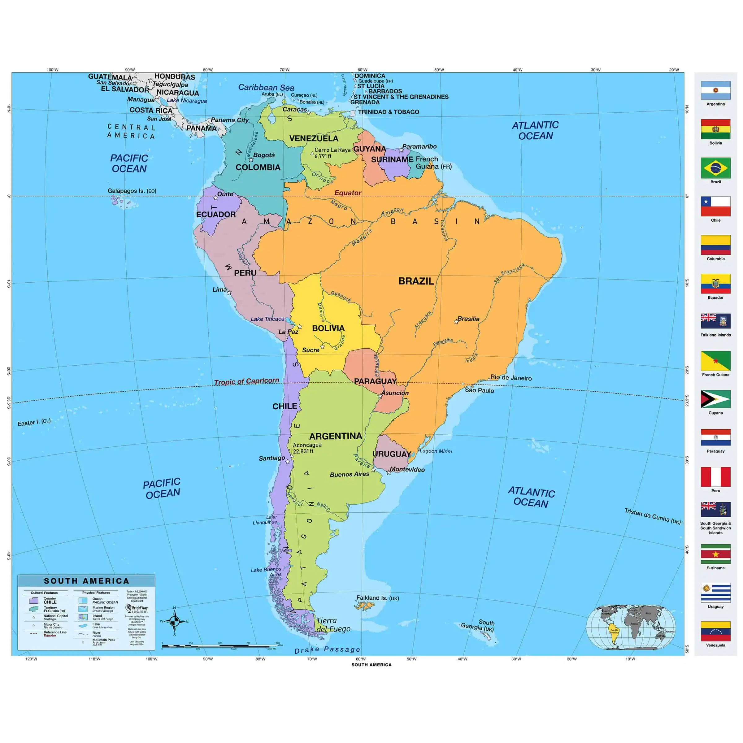South America map with country borders, flags, major cities, and geographical features; ideal for travel, educational, and mapping needs.