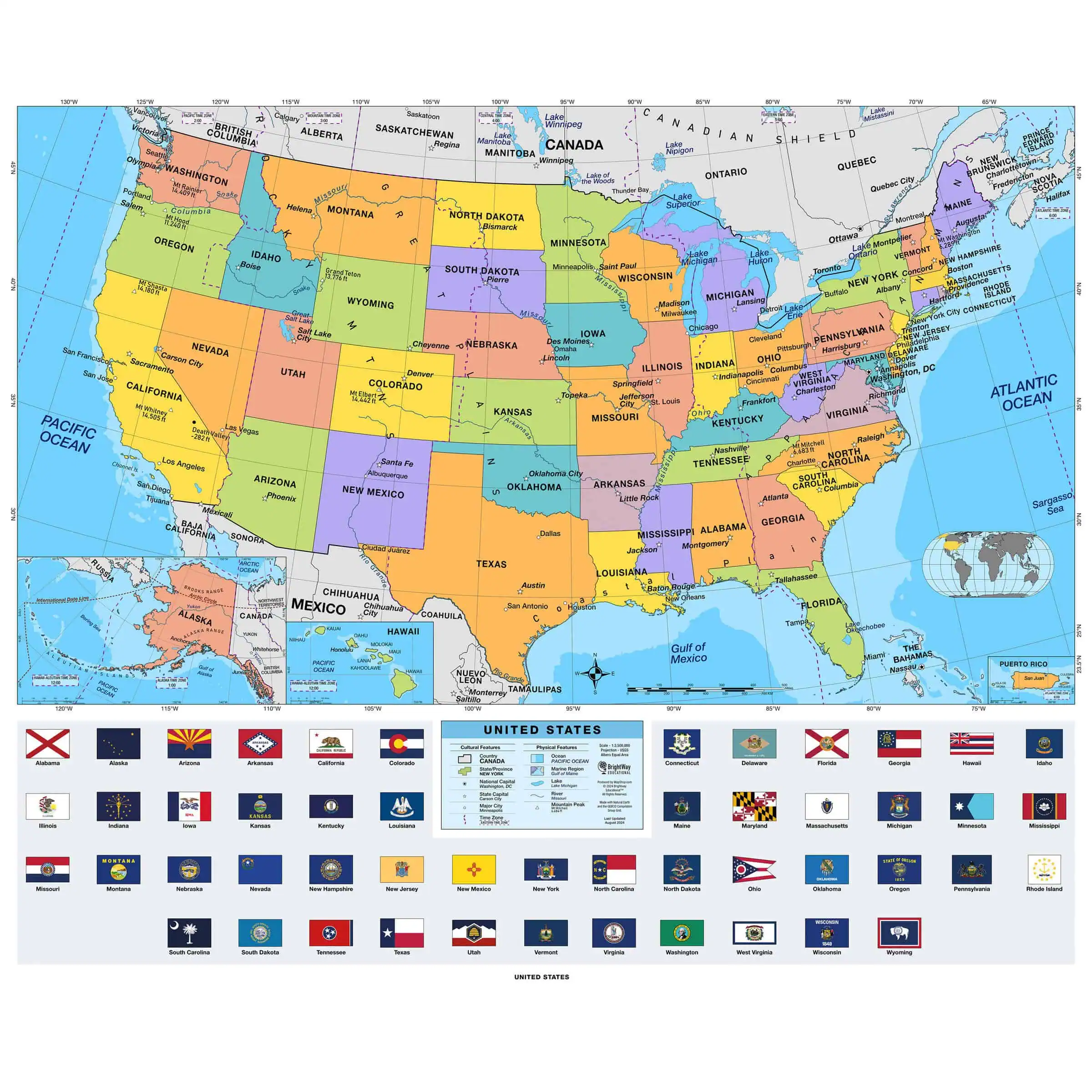 Detailed US map with state boundaries, labels, and color-coded regions from The Map Shop. Includes inset maps and icons for states, perfect for travelers, educators, and map collectors.