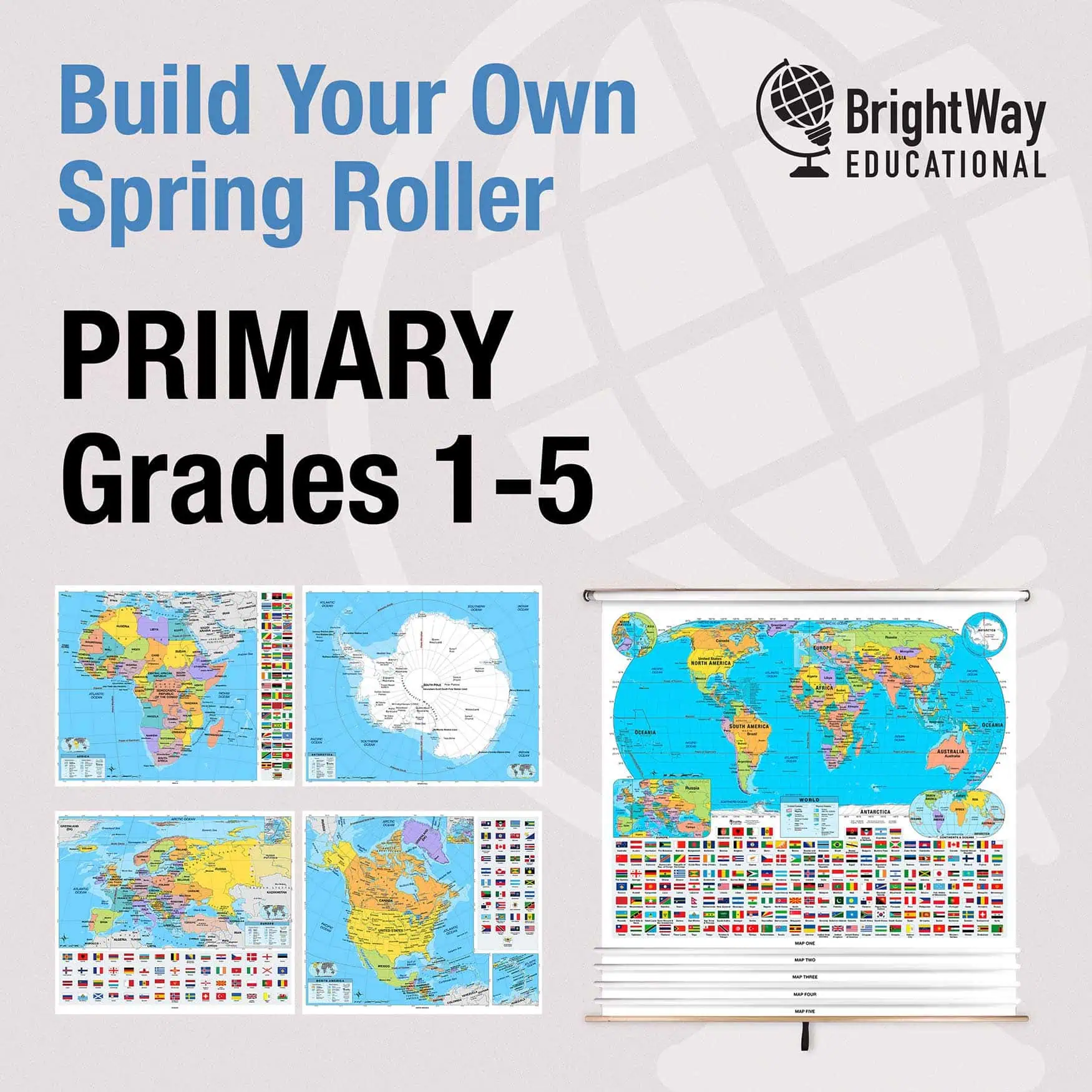 World map educational poster with flags and political boundaries for classroom learning and geographic reference.