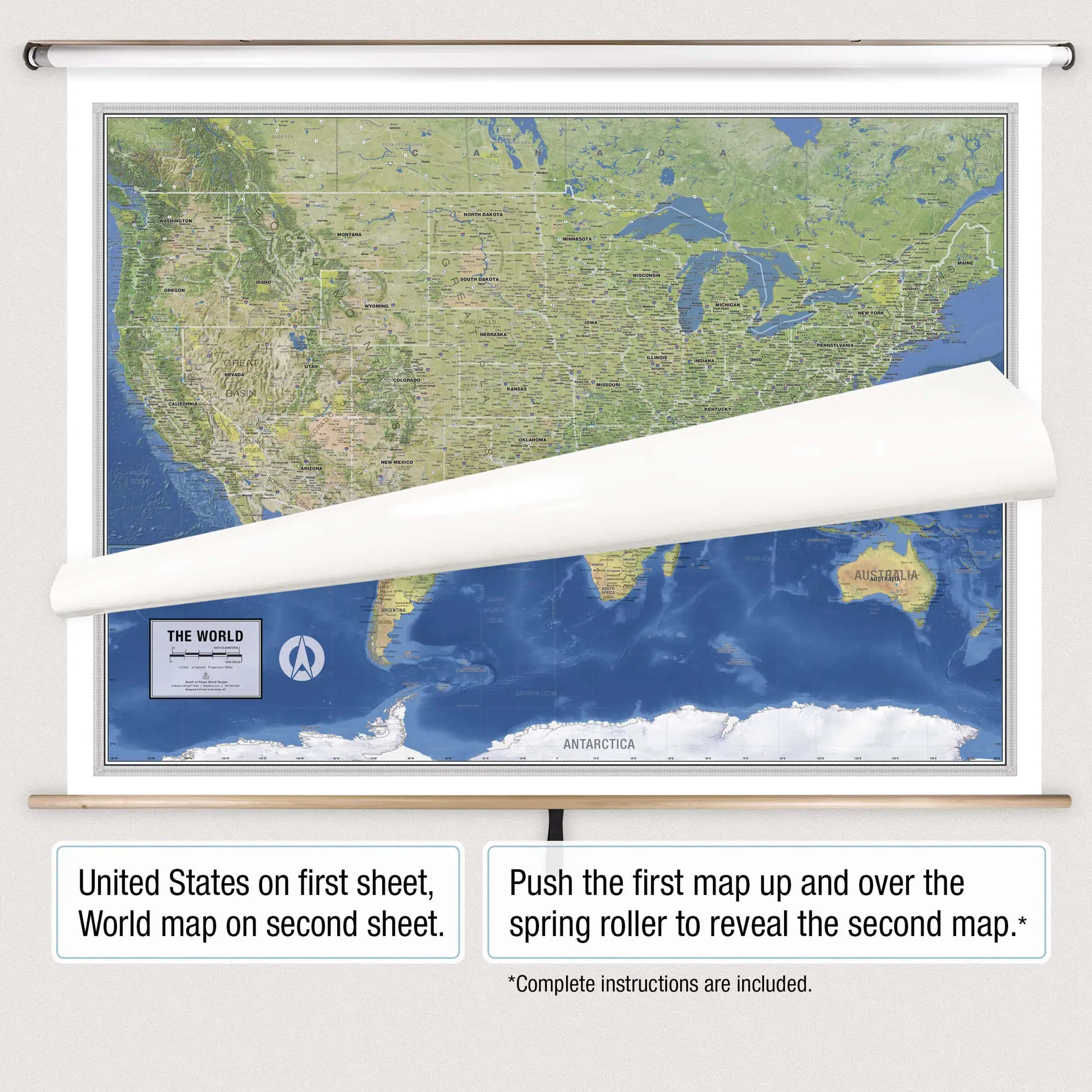 Detailed map of the United States and world map with a spring roller mechanism for revealing second map, ideal for educational and travel planning purposes.