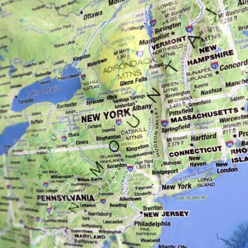 Detailed map of the northeastern United States highlighting states, cities, mountain ranges, and major highways, perfect for travel planning and geographic orientation.