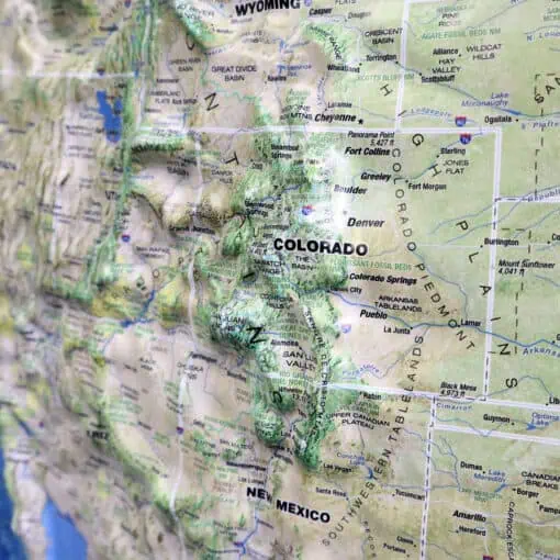 Scenic map of Colorado showcasing major cities, mountain ranges, and natural landmarks, ideal for outdoor navigation and planning outdoor adventures or road trips in Colorado.