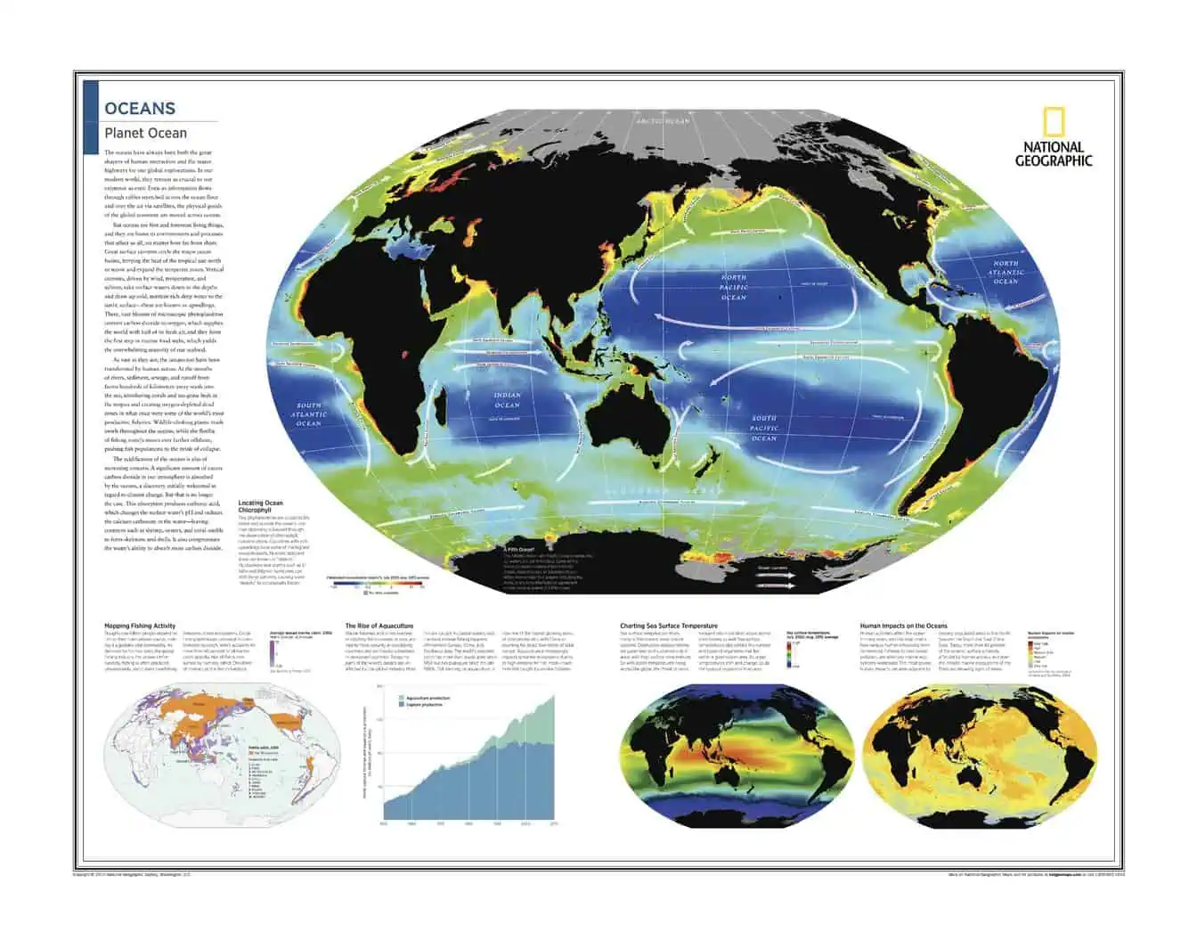 Detailed world map showing ocean currents, climate zones, and environmental data, ideal for geographic exploration, cartography, and educational purposes.