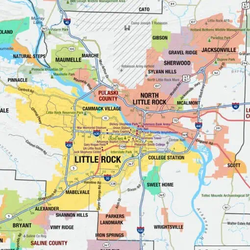 Mapshop Little Rock Arkansas city map with regional neighborhoods and landmarks, including College Station, Mabelvale, and North Little Rock, highlighting detailed geographic features and local routes.
