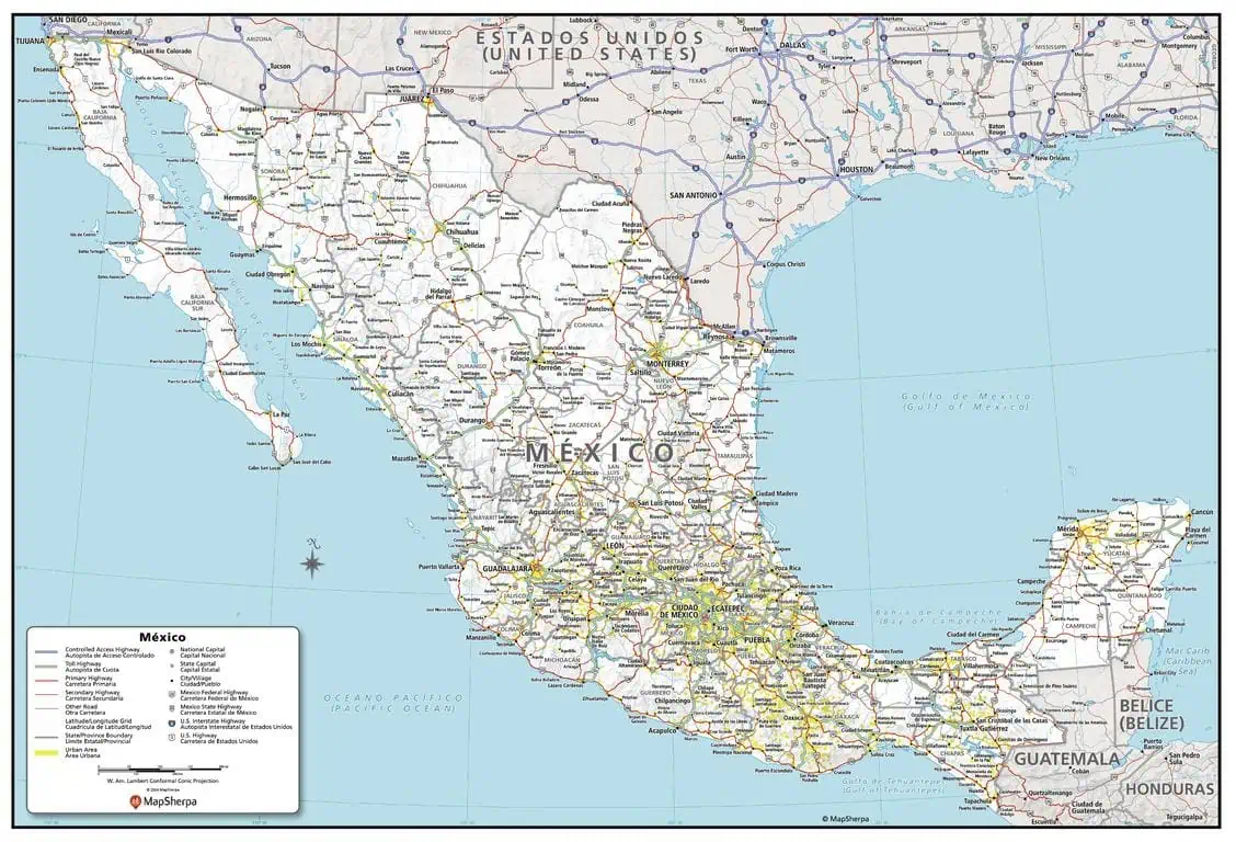 Mexico detailed road map with highways, cities, and state boundaries, ideal for navigation and travel planning.