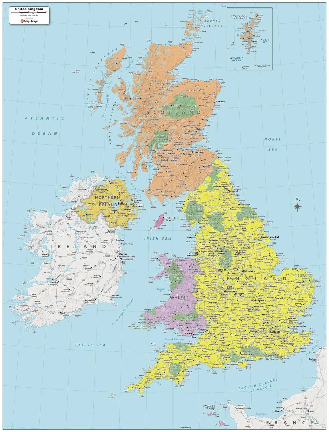 Detailed map of the United Kingdom showing countries, cities, and geographic features, ideal for trip planning, navigation, and educational purposes. Includes England, Scotland, Wales, Ireland, and surrounding islands.