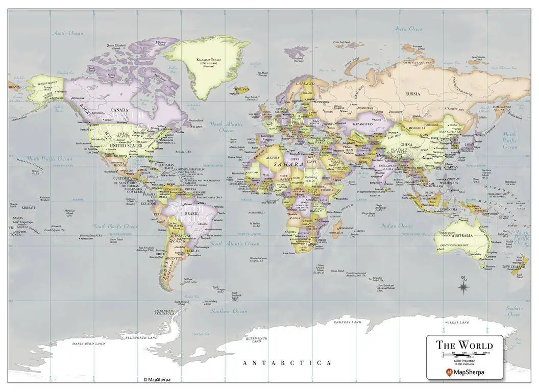 Detailed world map from The Map Shop, showcasing countries, continents, and oceans with colorful geographic features, ideal for travel planning, educational purposes, and global navigation.