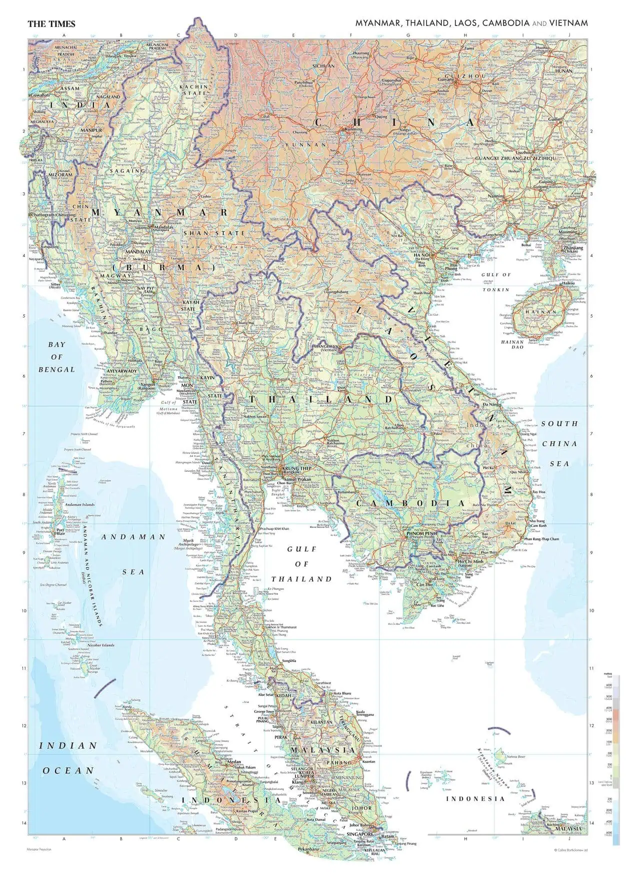 Detailed political map of Southeast Asia showing country borders, major cities, rivers, and geographic features for Myanmar, Thailand, Laos, Cambodia, and Vietnam.
