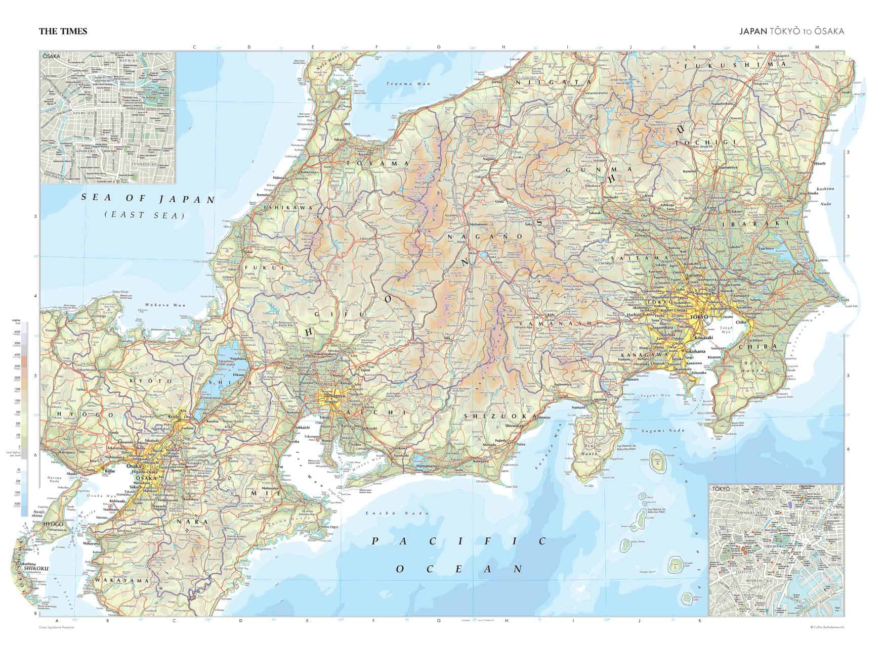 Detailed map of Japan with roads, cities, and geographic features, suitable for travel planning, navigation, and geographic reference.