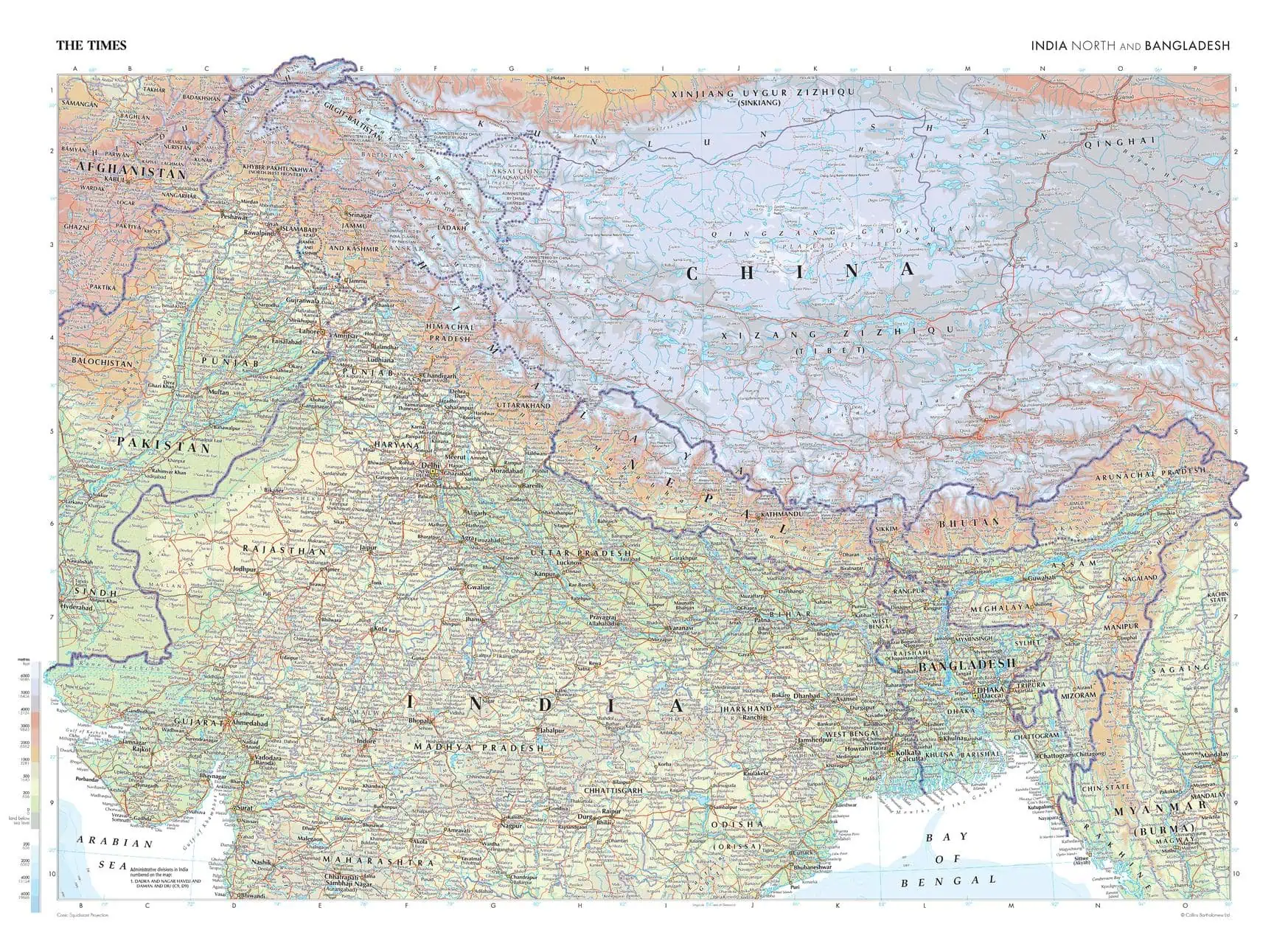 India (North) and Bangladesh Wall Map by The Times