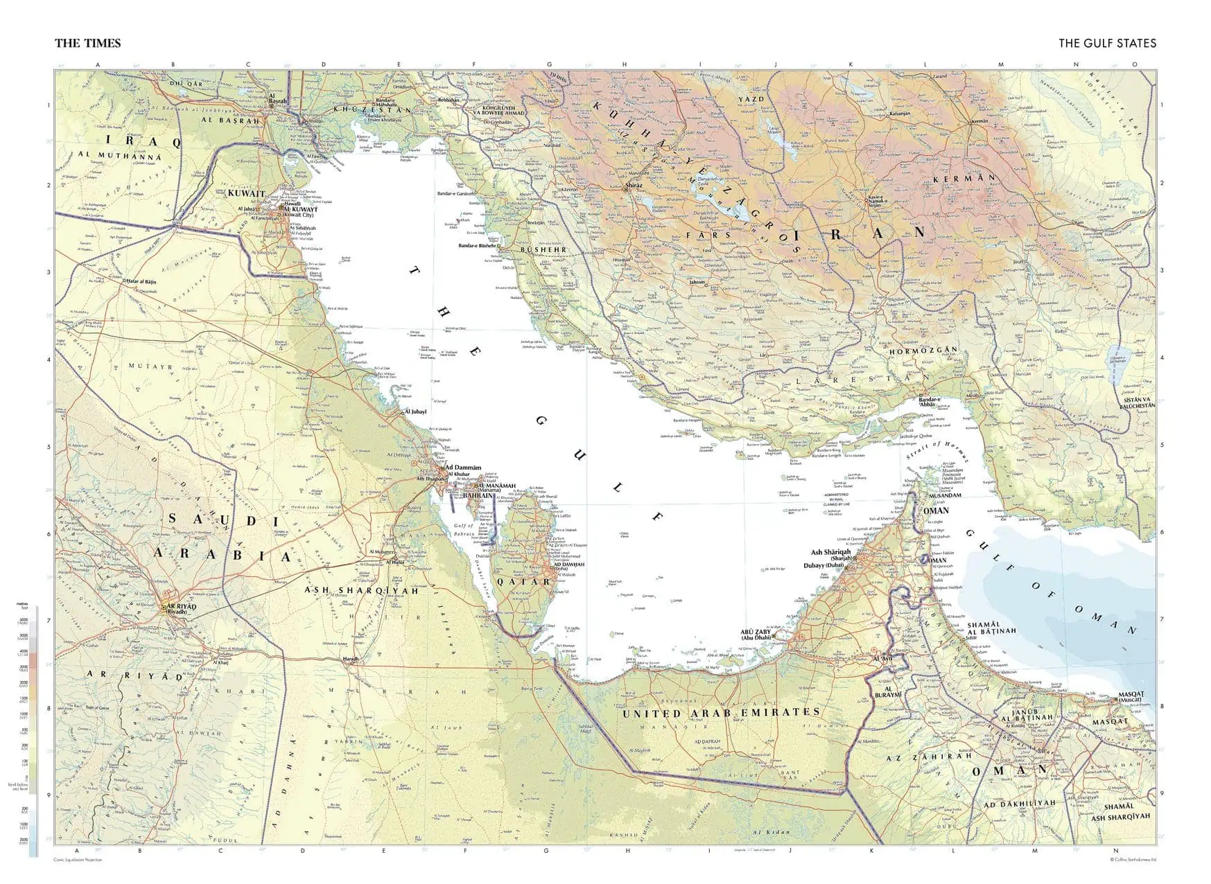 Detailed map of the Middle East showing countries, cities, roads, and geographical features, perfect for travel planning and navigation.