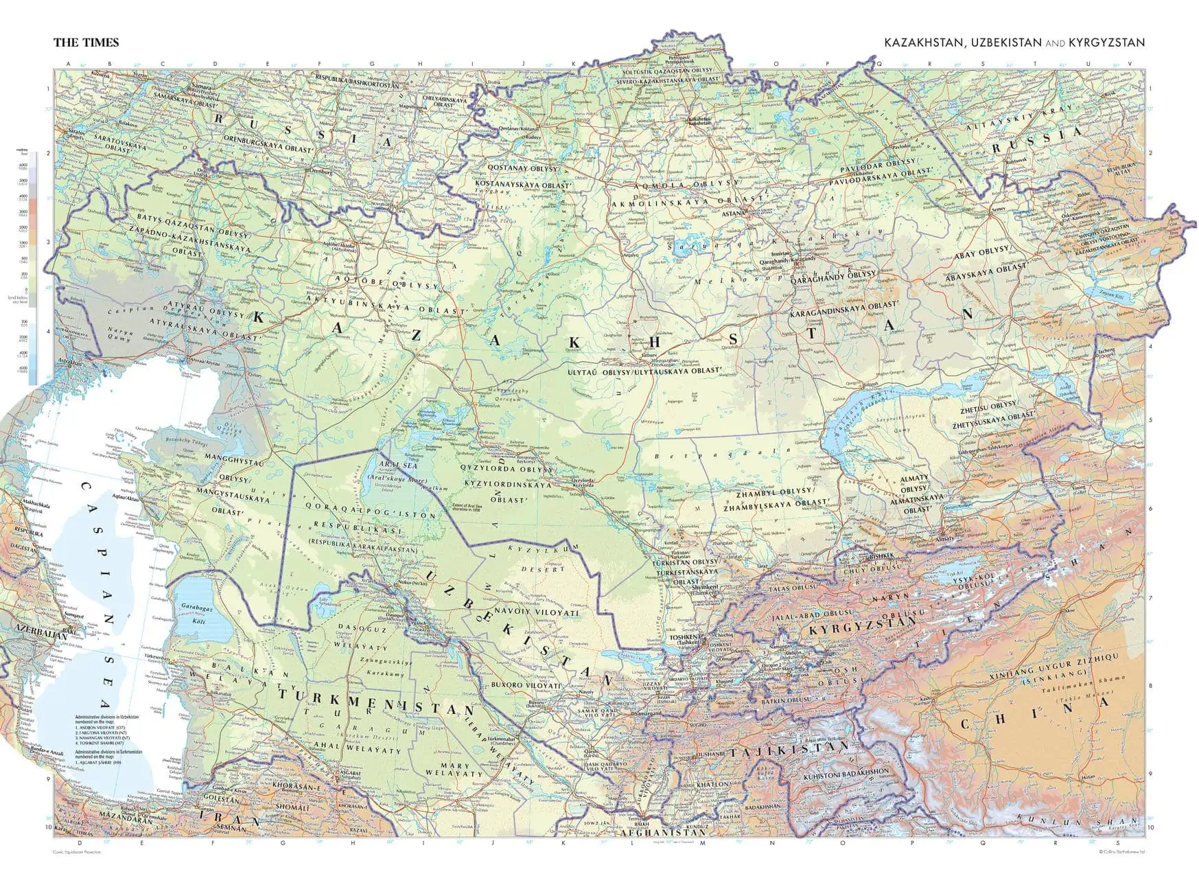 Detailed map of Kazakhstan, Kyrgyzstan, and Uzbekistan showing political boundaries, major cities, rivers, and geographical features for accurate navigation and geographic reference.
