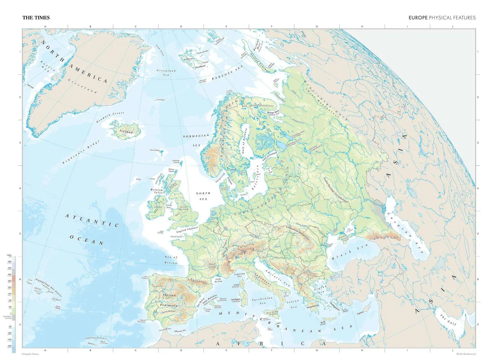 Europe physical features map, topographical details, lakes, rivers, and mountain ranges, ideal for geography, travel, or educational purposes.