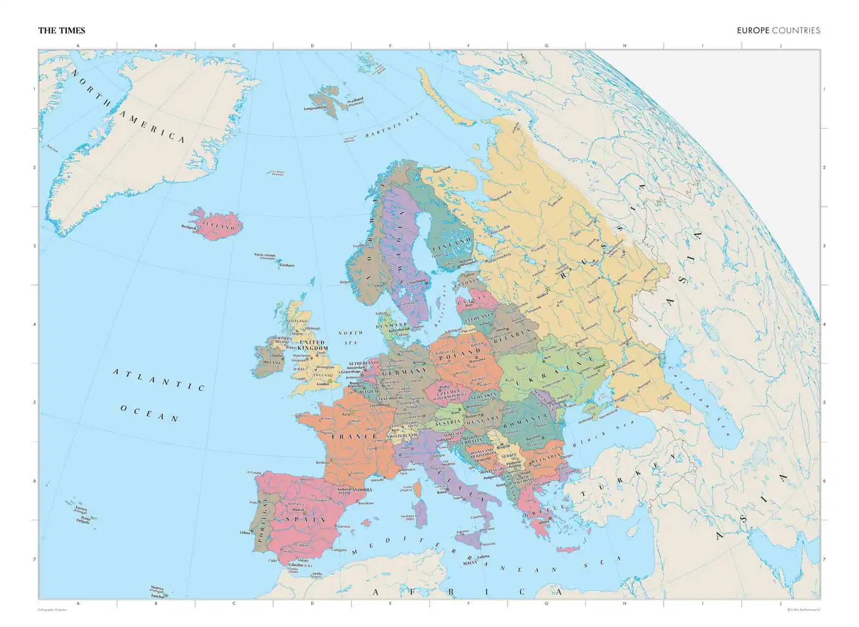Europe political map with country boundaries and labels, ideal for travel planning and geographic education.