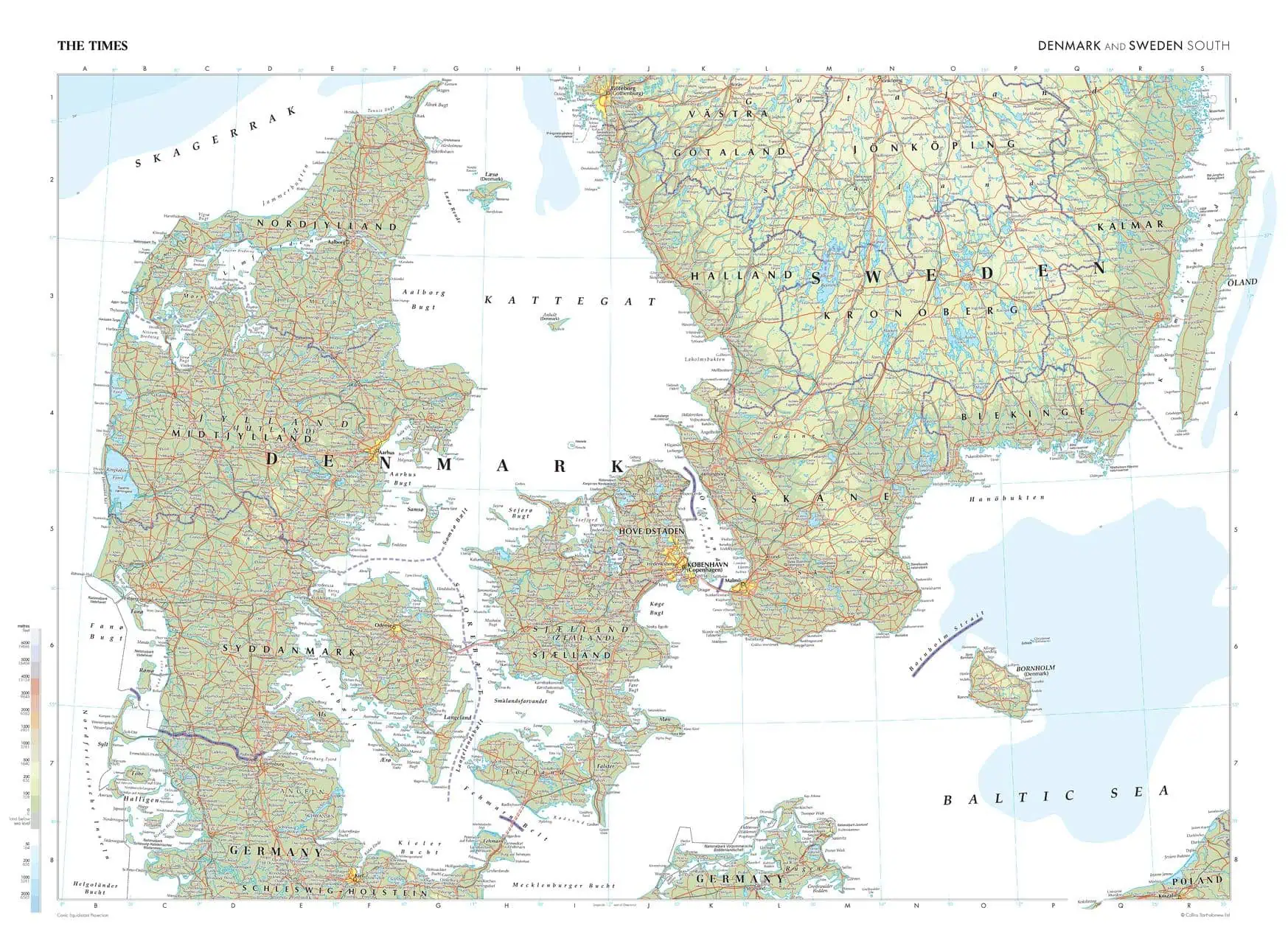 Denmark and Sweden detailed map with roads, cities, lakes, and geographic features, perfect for travel planning and navigation.