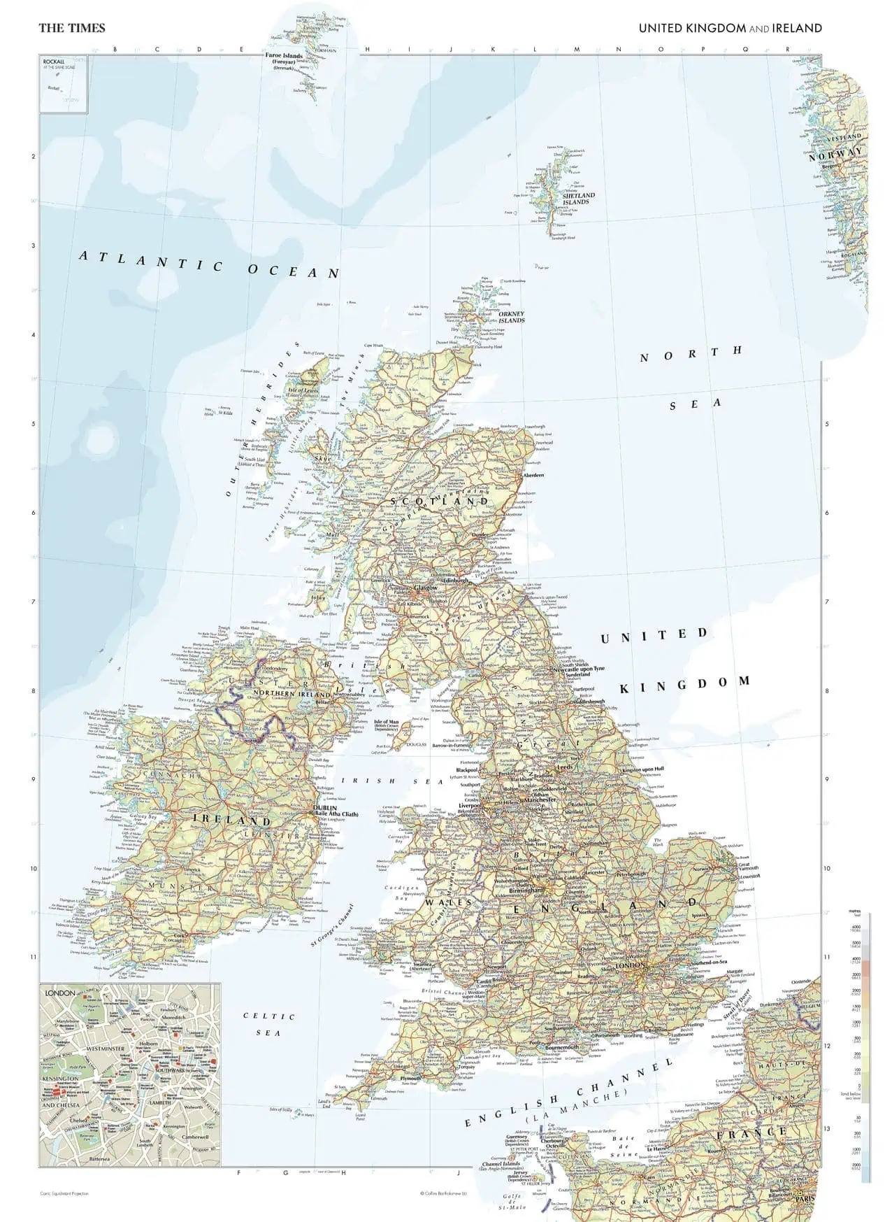 Detailed map of the United Kingdom and Ireland showing geographic features, cities, and transportation routes for travel and navigation.