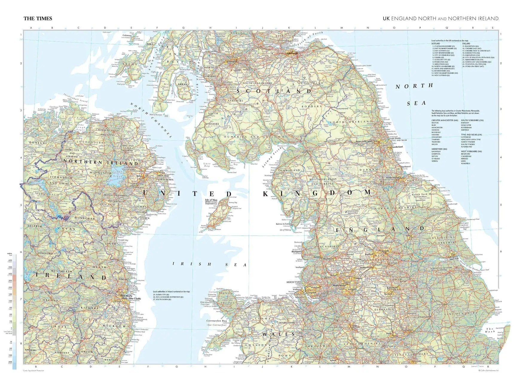 Detailed map of the United Kingdom and Ireland displaying roads, cities, and geographic features, ideal for travel planning and navigation.