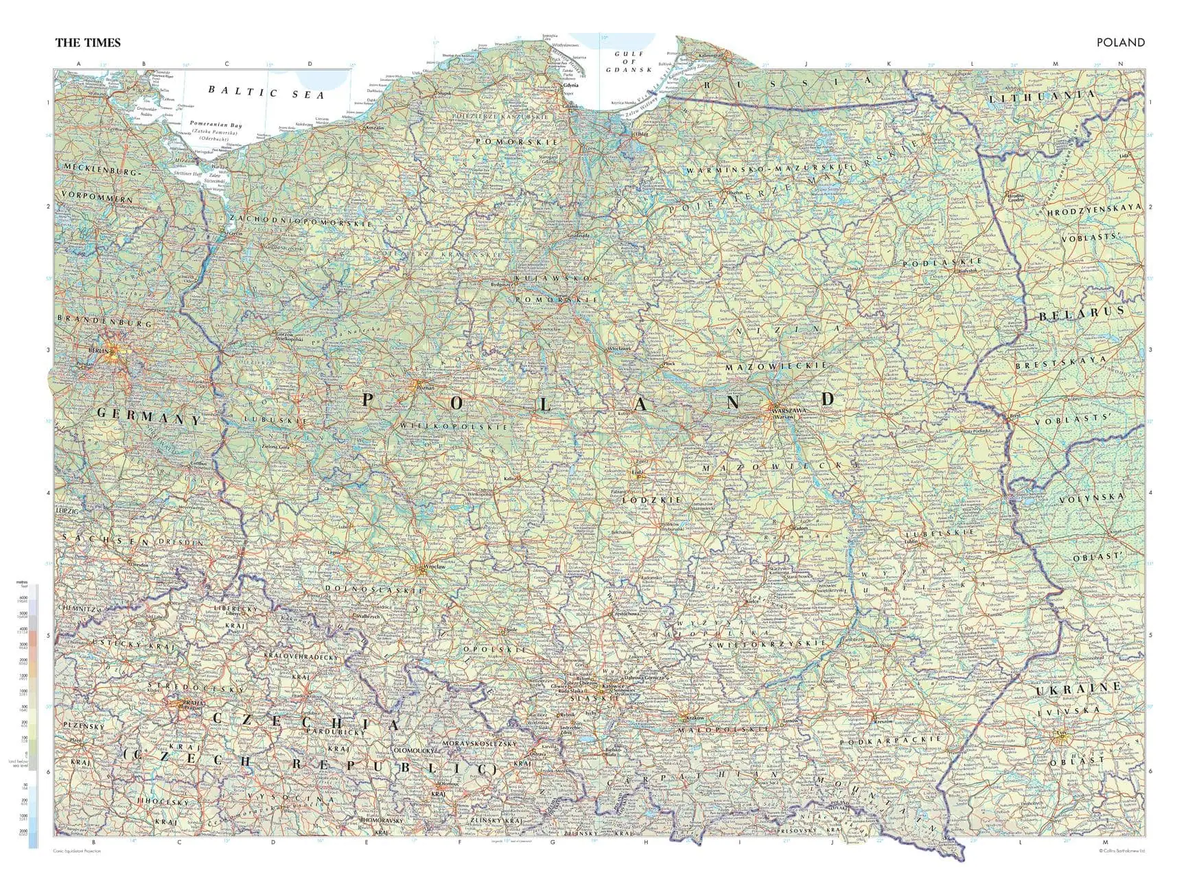 Map of Poland with detailed roads, cities, and geographical features for travel and navigation reference.