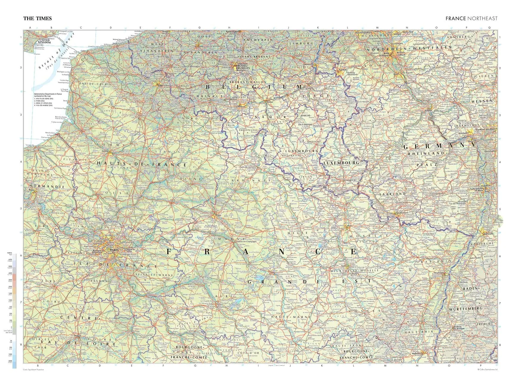 France travel map with detailed roads, cities, and geographic features, ideal for navigation and planning trips in France.