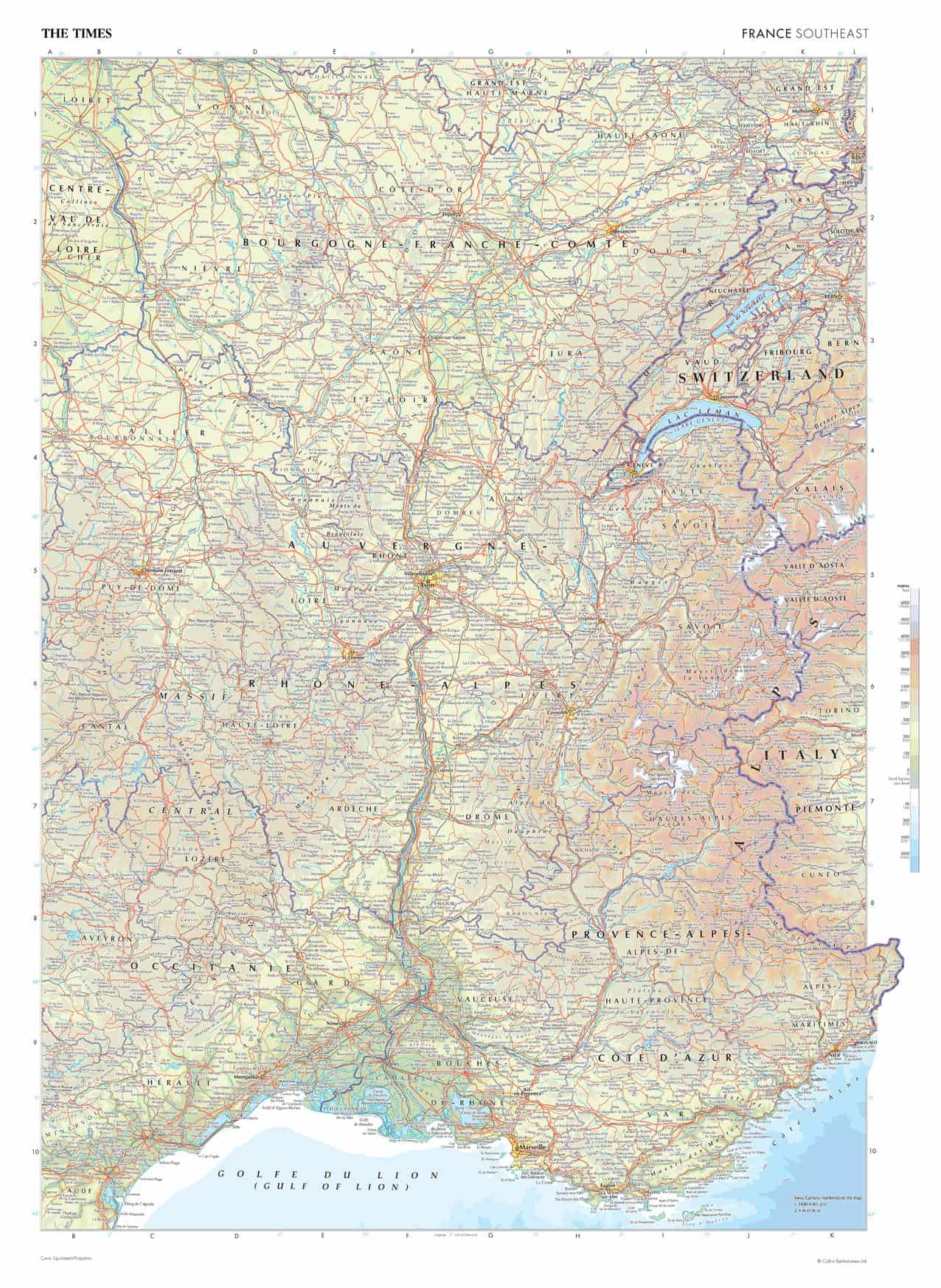 Detailed map of southeastern France, Switzerland, Italy, and surrounding regions showcasing roads, cities, rivers, and topographical features, available from The Map Shop for travel and navigation.