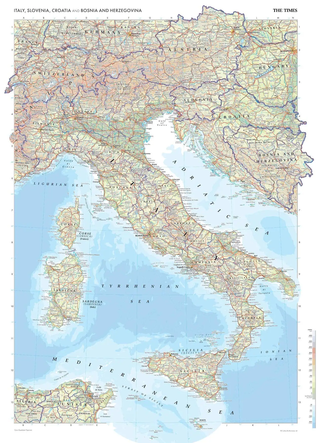 Detailed map of Italy and surrounding countries including lakes, cities, and borders, ideal for travel planning and geographic reference.