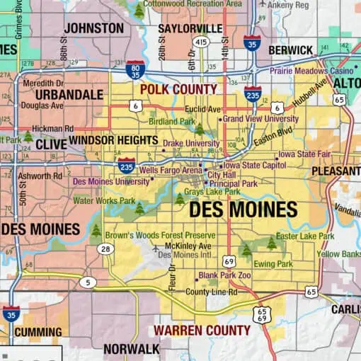 Map of Des Moines and surrounding areas including Polk County, Windsor Heights, Urbandale, West Des Moines, and nearby landmarks and parks.