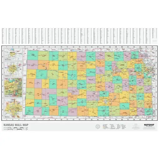 Detailed Kansas wall map with county boundaries, major cities, highways, and transportation routes, ideal for cartography enthusiasts and geographic referencing.