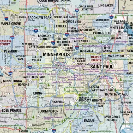Comprehensive Minnesota wall map highlighting cities, counties, parks, and major highways for educational and travel planning purposes.