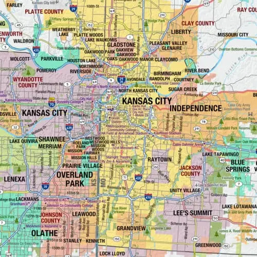 Detailed Missouri wall map highlighting multi-colored counties for easy navigation and regional understanding. Perfect for educational, office, or home use.